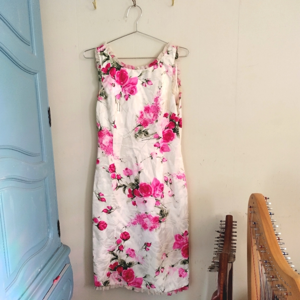 Vintage Y2K Dolce & Gabbana Pink White Rose Floral Wiggle pencil Dress 6 42